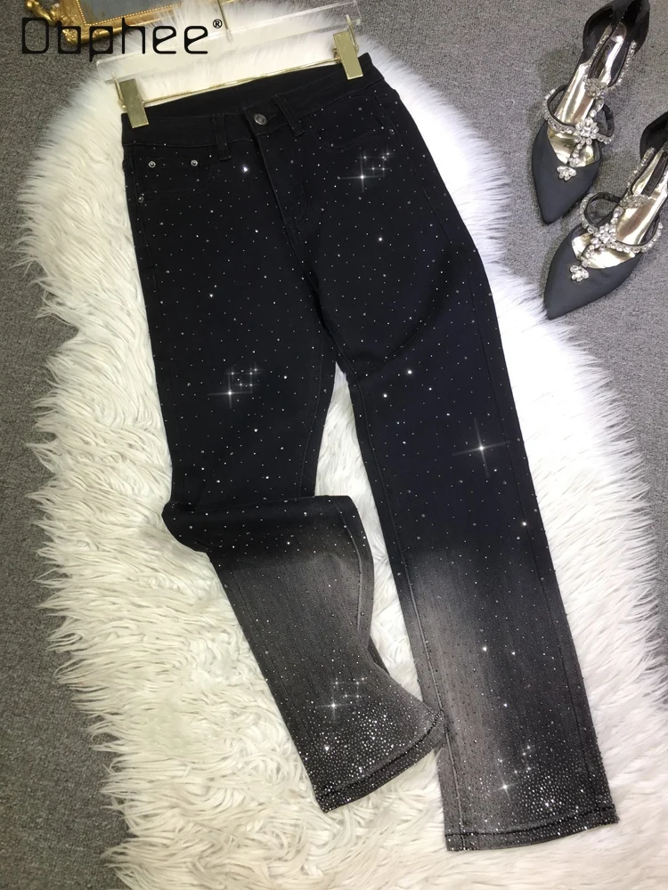 

Fashion Hot Drilling Shiny High Waist Jeans Women 2024 Spring and Summer Gradient Black All-Match Figure Flattering Skinny Pants