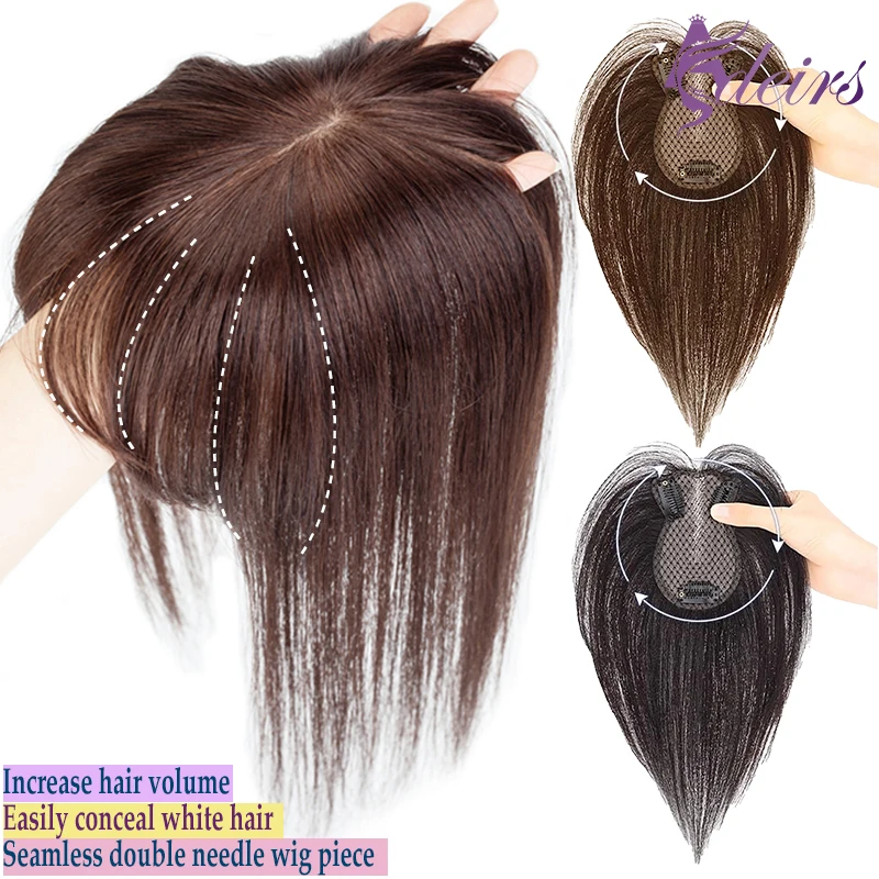 ADEIRS Topper Pezzo di capelli con frangia Topper di capelli umani Remy reali al 100% con capelli sottili Fermaglio per capelli castano naturale per le donne