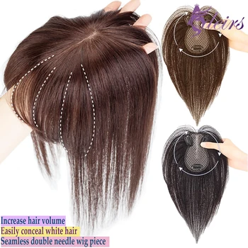 ADEIRS Topper Pezzo di capelli con frangia Topper di capelli umani Remy reali al 100% con capelli sottili Fermaglio per capelli castano naturale per le donne