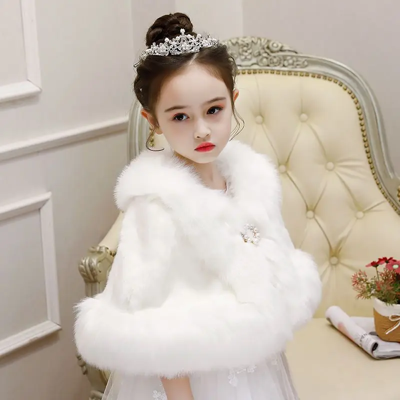 Winter Thicker Cloak Girls Kids New Year Costume Warm Children Faux Fur Hooded Shawl Cloak Red White Coat For Girls Kids 3-13T