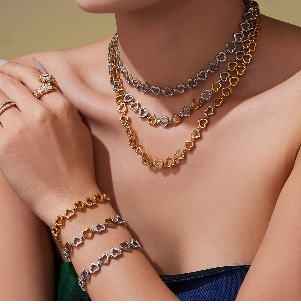 Herzförmige glänzende Zirkon-Kette, Halskette, goldenes Silber, Halsband für Damen, Edelstahl, vergoldetes Armband, Luxus-Schmuckset – Detail 4