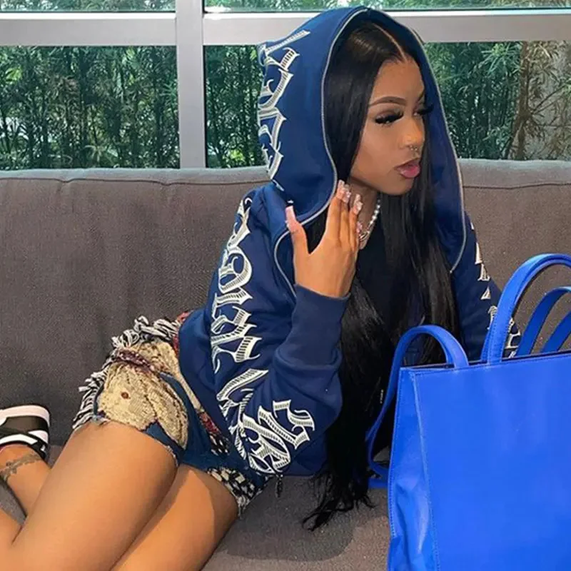 

Y2k Hip Hop Letter Printed Zip Up Hoodie Women Cardigan Blue Sweatshirts Gothic Punk Clothes New Fashion Strtwear 90s Jackets