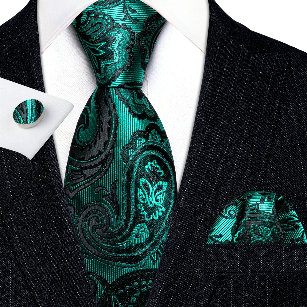

Free Shipping Mens Ties Set Green Teal Black Paisley Neck Tie Pocket Square Cufflinks Wedding Barry·Wang Clip Brooches 5971