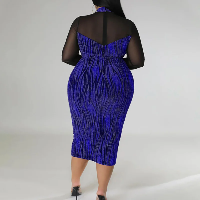 Evening Party Sexy Perspective Splicing Bright Filament A-line Skirt Club O-Neck Long Sleeve Slim Midi Bag Hip Plus Size Dress