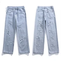 Jean en Denim à jambes droites pour hommes, nouvelle mode décontractée, ample, pantalon Y2k, jambes larges, Hip Hop, noir, bleu 6