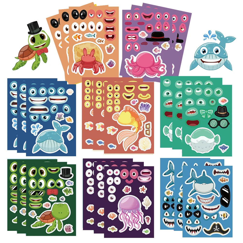 8/16sheets Kawaii Marine Animals Puzzle Stickers DIY Sharks Cartoon Decal Suitcase Skateboard Motorcycle Bike Kid Sticker Toys 8 16sheets kawaii