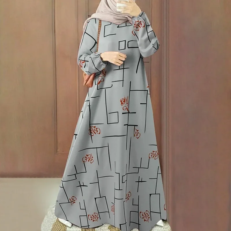 Fashion Floral Printed Muslim Dress Woman Long Sleeve O-Neck Dresses Elegant Party Sundress Vintage Abaya Kaftan Robe 2