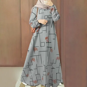 Fashion Floral Printed Muslim Dress Woman Long Sleeve O-Neck Dresses Elegant Party Sundress Vintage Abaya Kaftan Robe 2