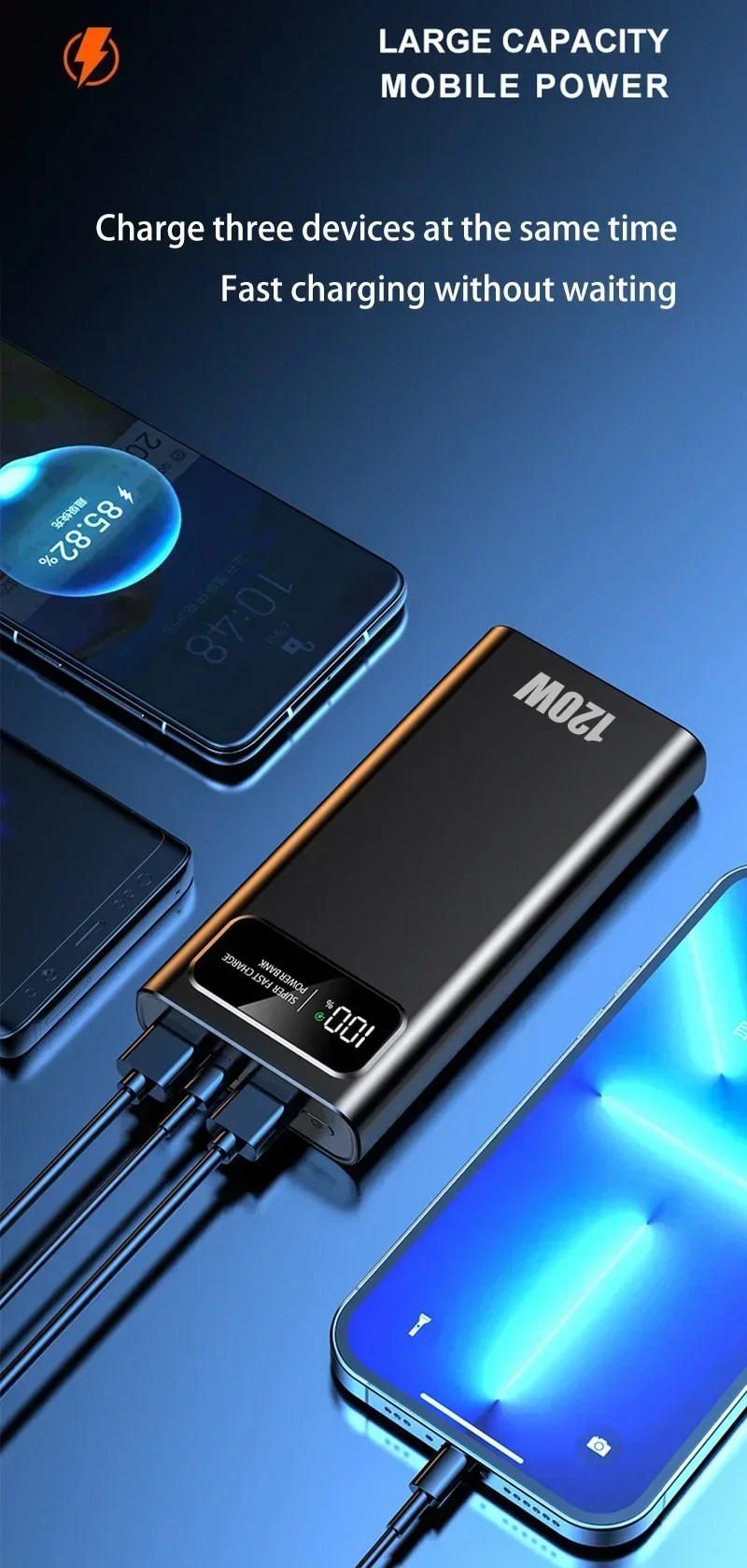 200000mAh Power Bank 120W Super Fast Charging Battery High Capacity Digital Display PowerBank For Xiaomi iPhone Samsung Huawei