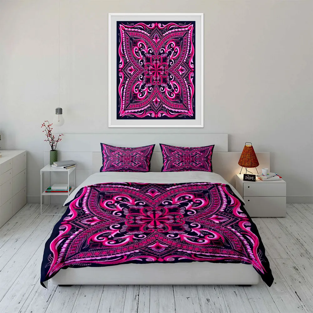 Boho Mandala Embroidery Pattern Bedding Set, Symmetrical Ethnic Floral Print Duvet Cover Set, Bohemian Soft Microfiber Bed 3pcs 6