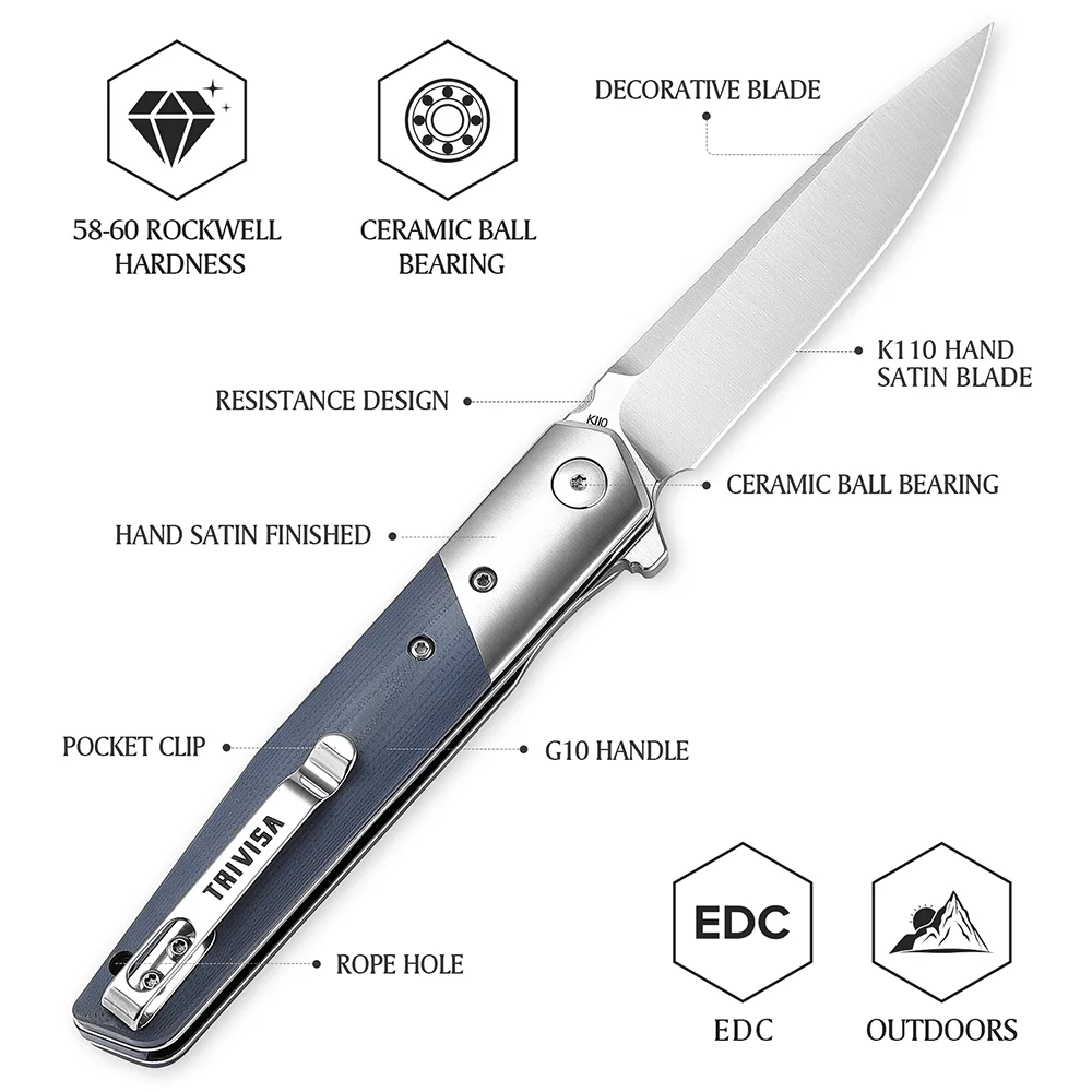 TRIVISA Folding Pocket EDC Knife for Man，3.5“BOHLER K110 Blade & G10 Handle，Flipper Knife with Clip for Outdoor Camping Survival 3