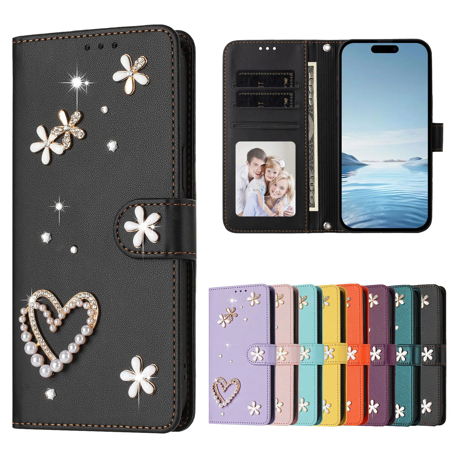 Sparkling Jeweled Leather Phone Case with Lanyard and Cardholder Wallet