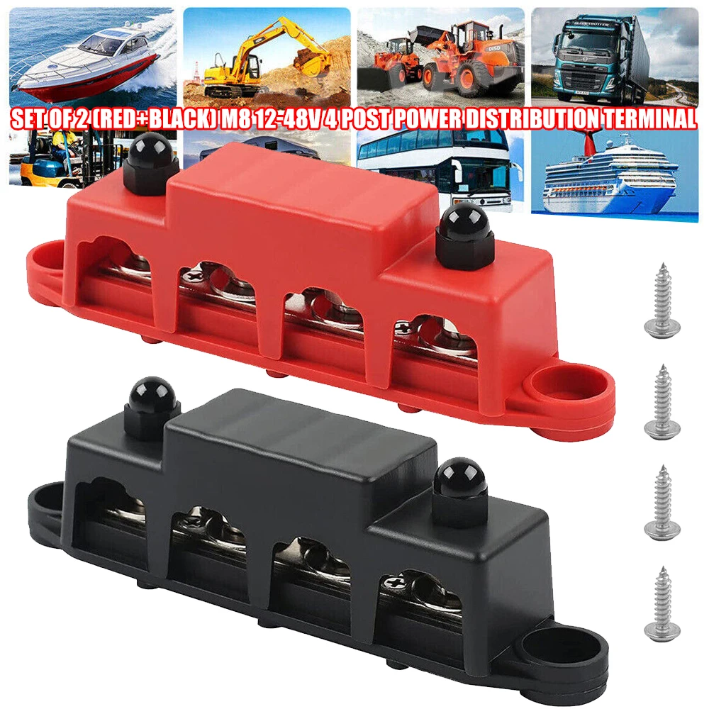 2pcs 4 Post Power Distribution Block Terminal Screw Bus Bar 250A 12V-48V DC M8