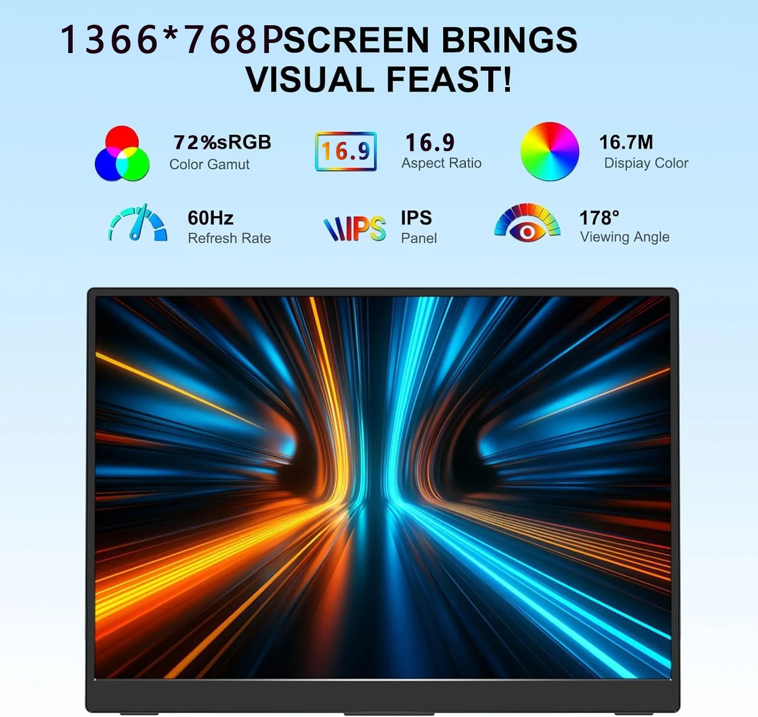13.3인치 휴대용 모니터 1366*768P HD IPS, Type-C 미니 HDMI를 통해 휴대폰, 노트북, PS4/5, TV, Xbox, Mac, PC, 스위치와 원라인 연결 가능
