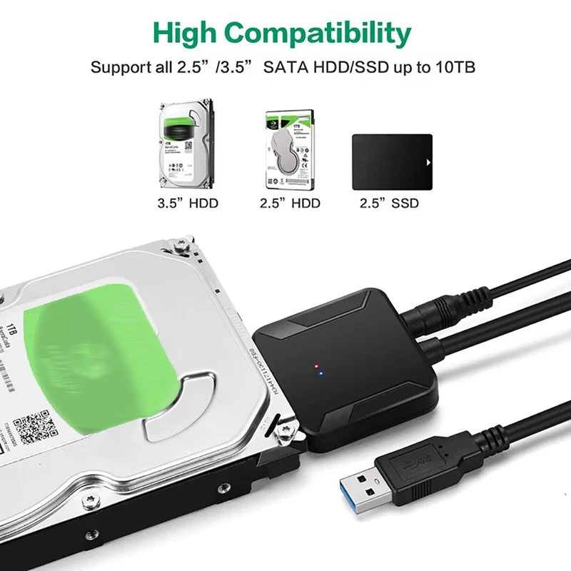 SATA-USB 3.0 케이블 SATA III 하드 드라이브 어댑터 최대 6Gbps, 2.5/3.5인치 HDD/SSD 하드 드라이브 디스크용, 12V/2A 전원 공급 SATA 지원