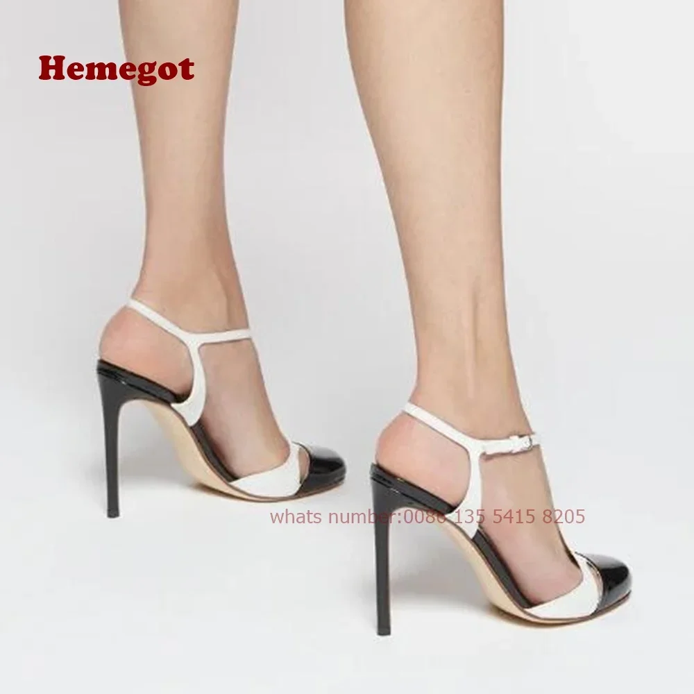 Cut Out T-Straps Women's Sandals Two Tone Round Toe Buckle Slingback High Heels Stiletto Summer Sandals Splicing Elegant Shoes