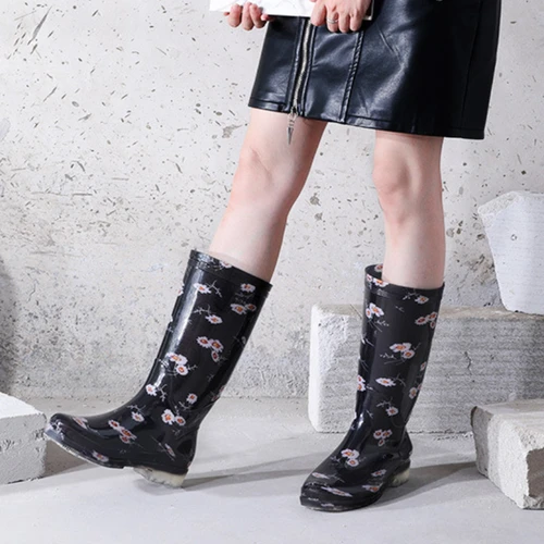 여성용 Galoshes 꽃 프린트 레인 부츠, 방수 작업 정원 워터 슈즈, 미끄럼 방지 고무 부츠, 높은 레인 슈즈 4