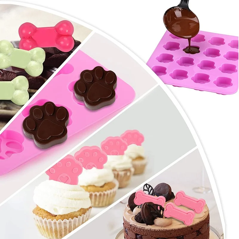 Dog Paw and Bone Shaped Silicone Mold Non-stick Food Grade Ice Tray for Chocolate Candy Cupcakes Puddings Jellies Puppy Cookies.