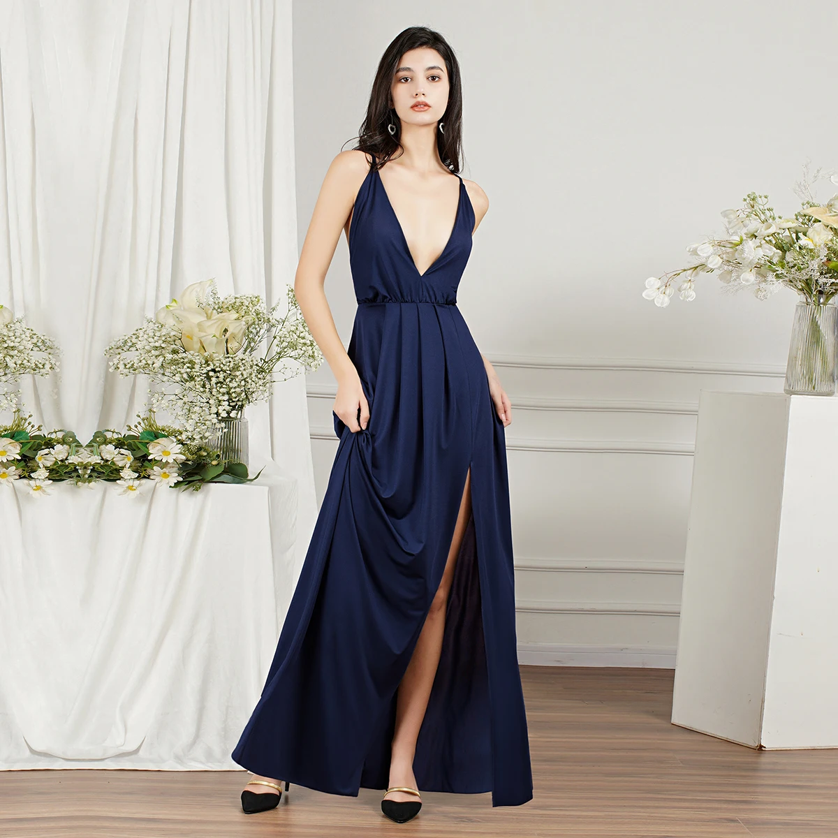 long evening gowns Ladies Sexy Evening Dresses Long A-line Deep V-Neck Cross Straps Backless Split Side Evening Prom Gown Women Maxi Club Dress2022 ball gown Evening Dresses