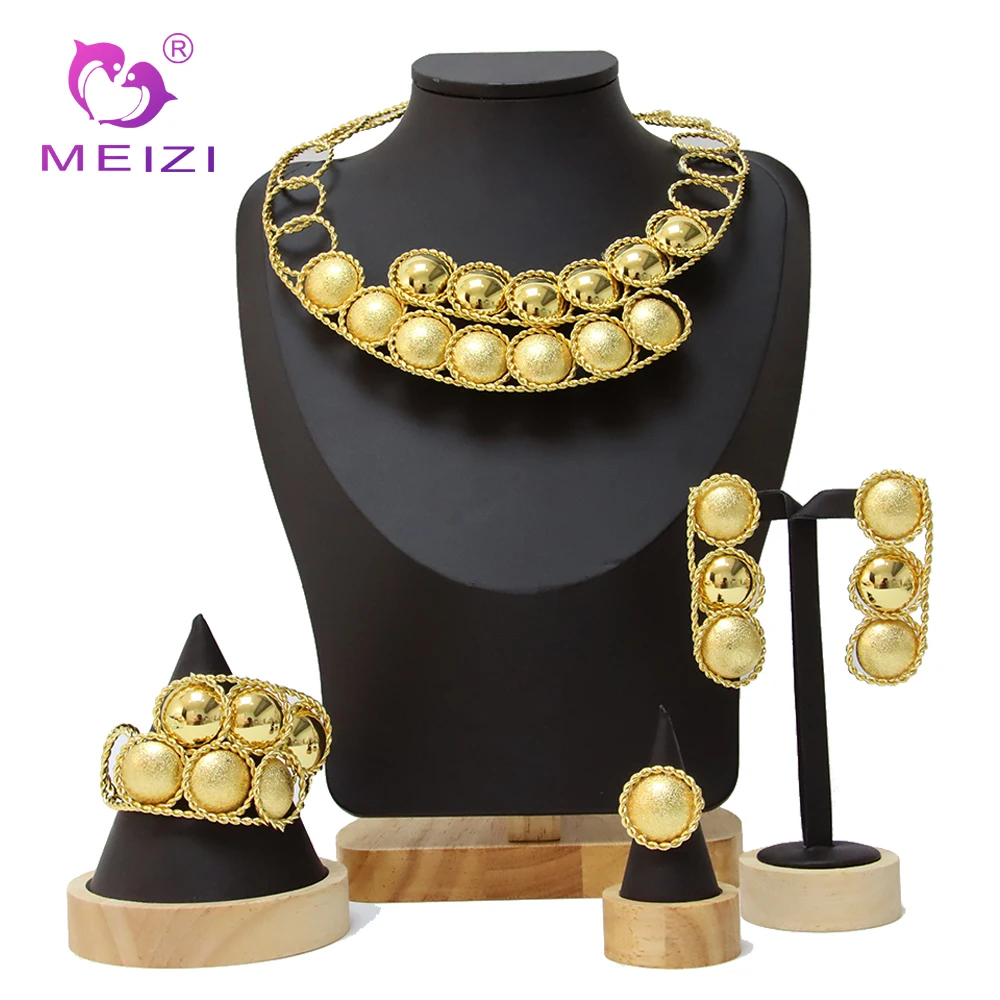 

Dubai Fine 24k Gold Plated Original Necklace Jewelry Set For Women Bracelet Earrings Ring Bridal Wedding Banquet Jewelry