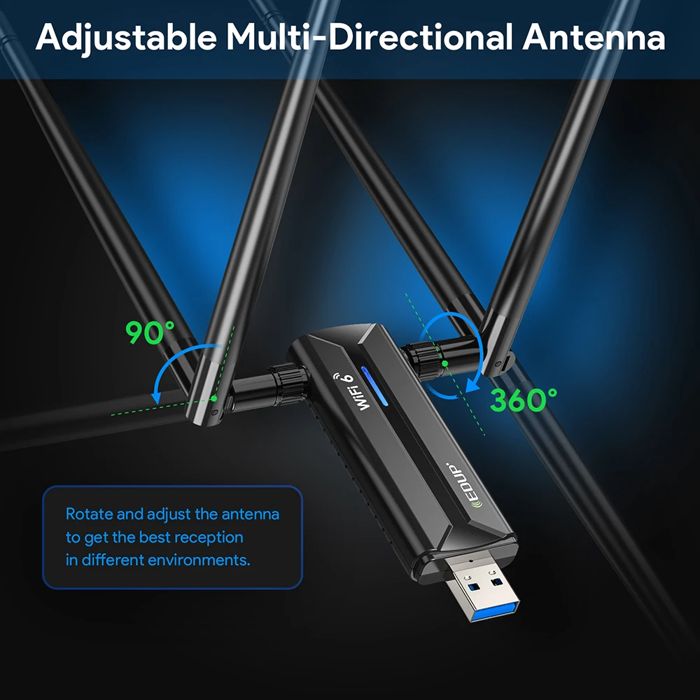 Edup-placa de Rede sem Fio Usb 3.0 Wifi 6e Tri Band 2.4g 5g 6ghz Adaptador Wifi 802.11ax Dongle de Antena de Alto Ganho - Imagem 4