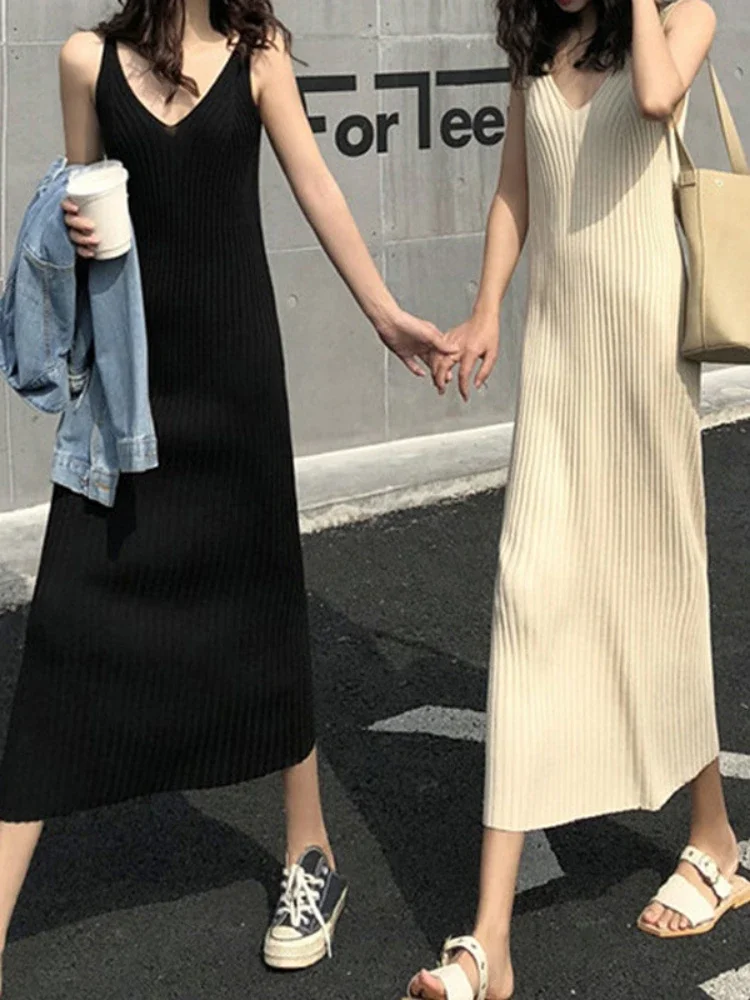 

New Fashion Elegant Women's Dress Solid Color Design Sense V-neck Sleeveless Suspender Vestido Party Dress for Women 2023