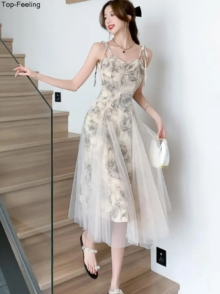 Summer Sweet Mesh Spaghetti Straps Midi Dress Women Elegant Wedding Evening  Party Holiday Vestidos Korean Chic A-Line Robe - AliExpress