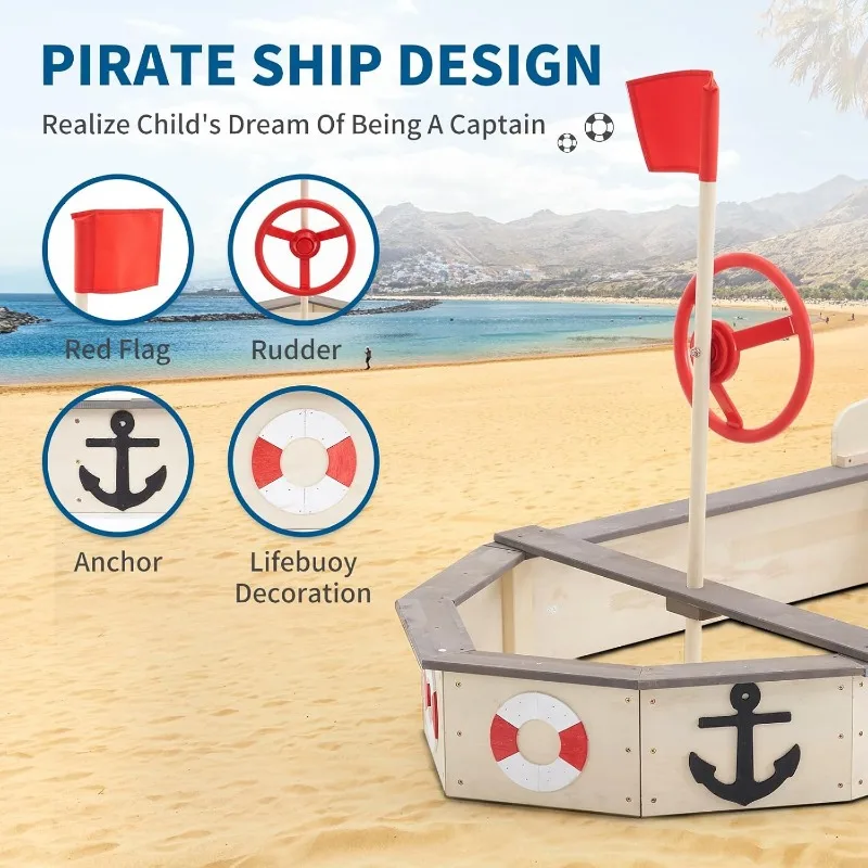 Large Wooden Sand Box Red Flag Rudder Lifebuoy Decoration Anchor Sign Bench Seats Storage Sand Pit for Beach Outdoor Light Wood 3