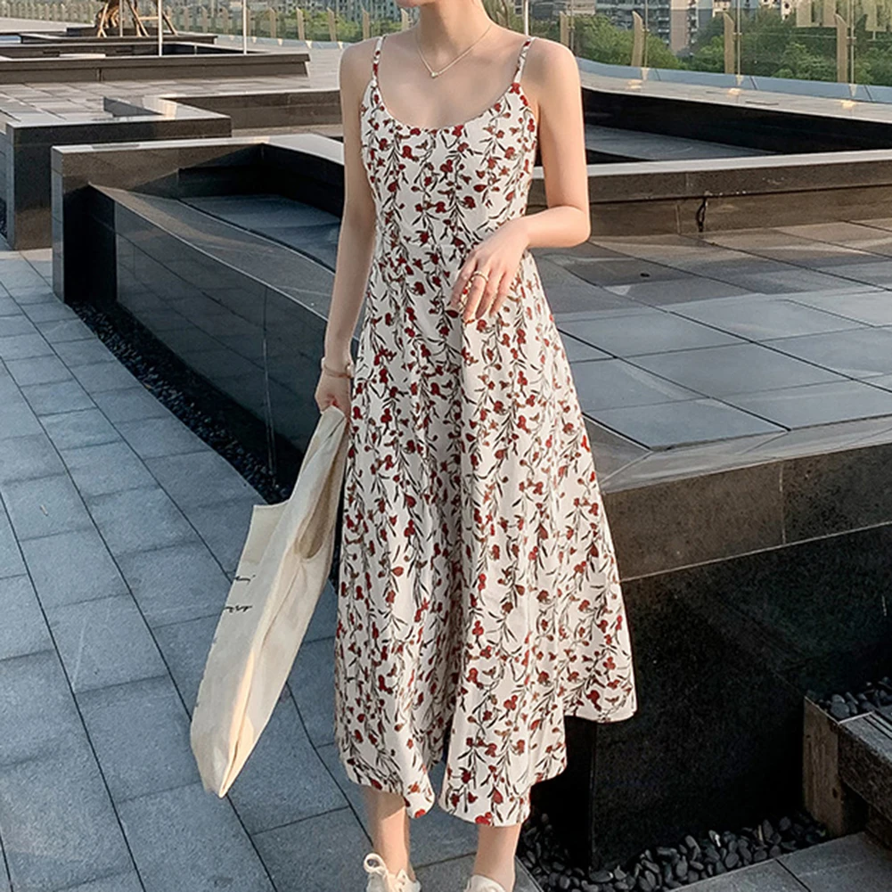 

Women Floral Printing Strapless Sling Dress Summer Long Skirt Casual Korean Lady