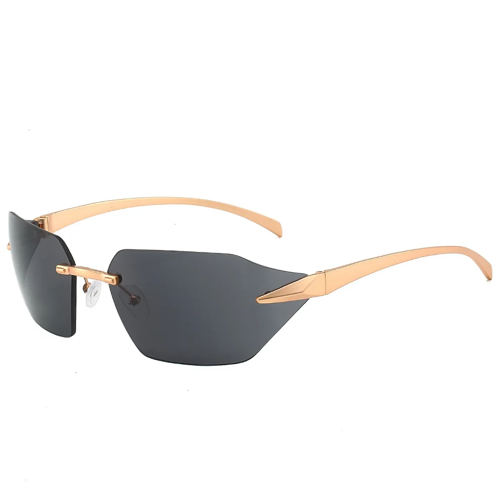 New Frameless Edge-cut One-piece Curved Sunglasses For Women, High-end Trendy Metal Car Sunglasses 81069