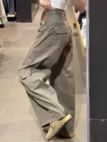 American Sle High Waist Wide Leg Work Pants Women Casual Loose Slimming Straight Cut Jeans Blue Denim Fabric Fall Season