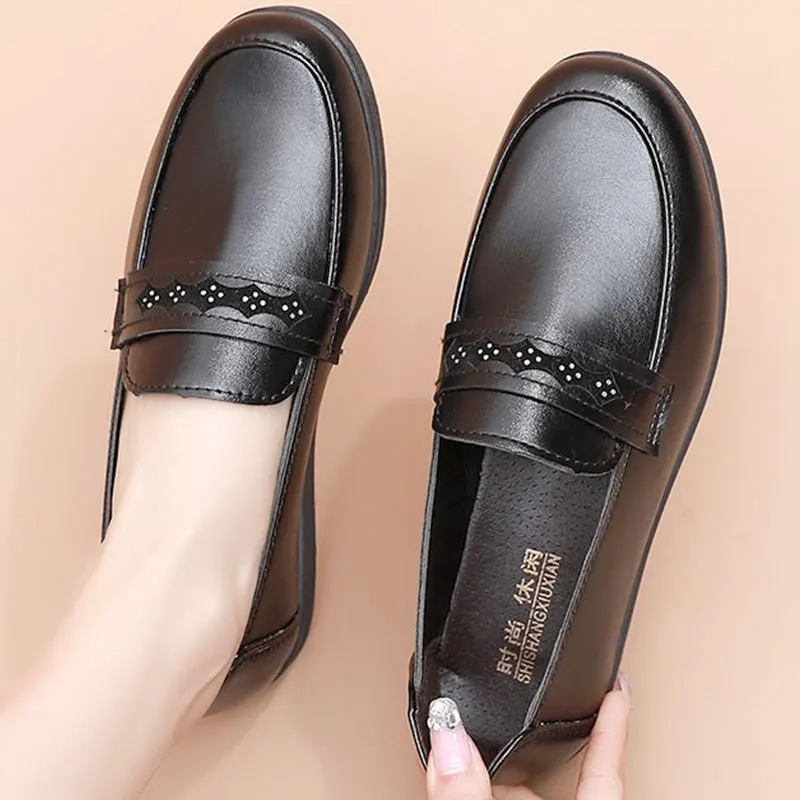 Women Leather PU Office Lady Square Slip on Work Shoes Classic