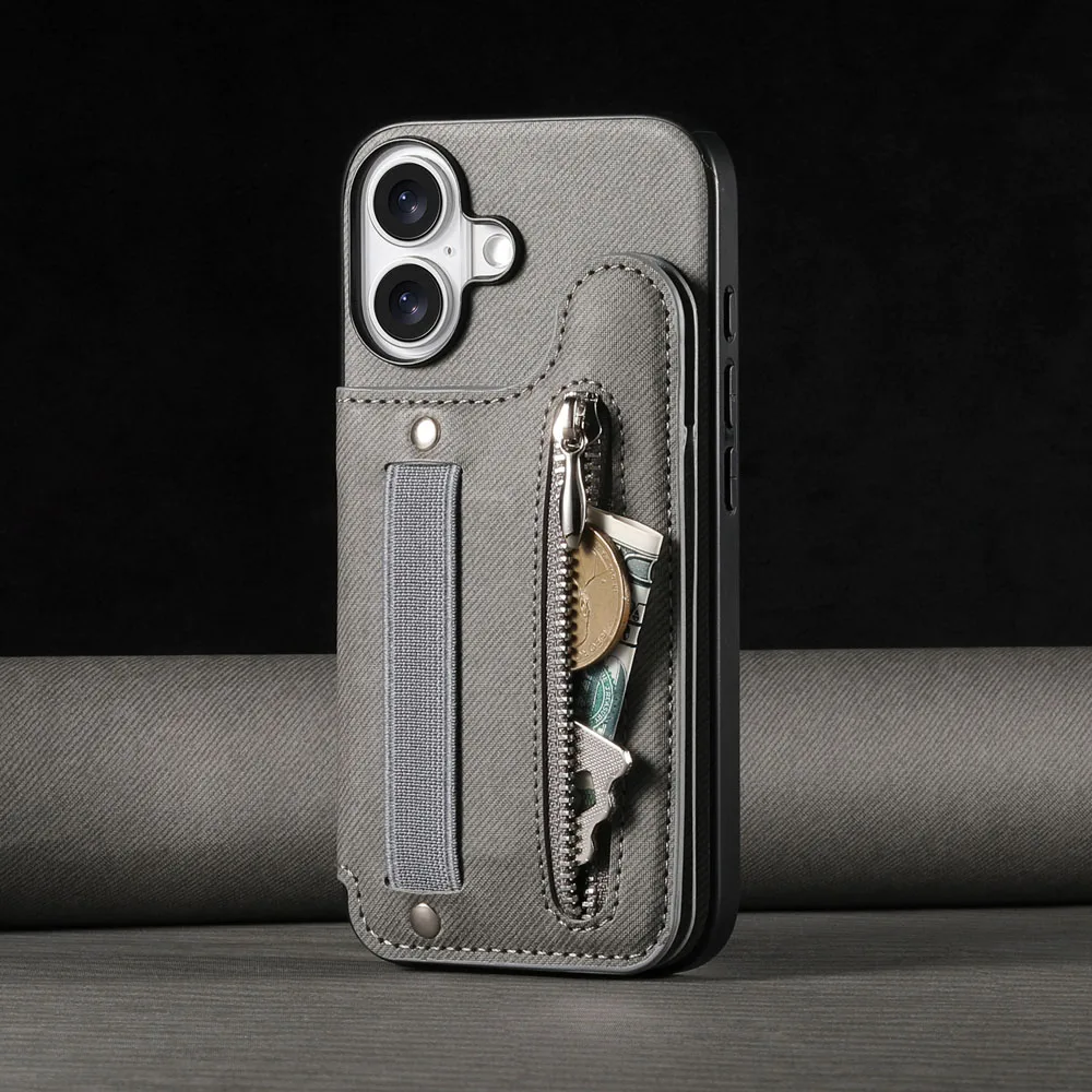 Zipper Cards Slot Leather Wallet Case with Elastic Wrist Strap