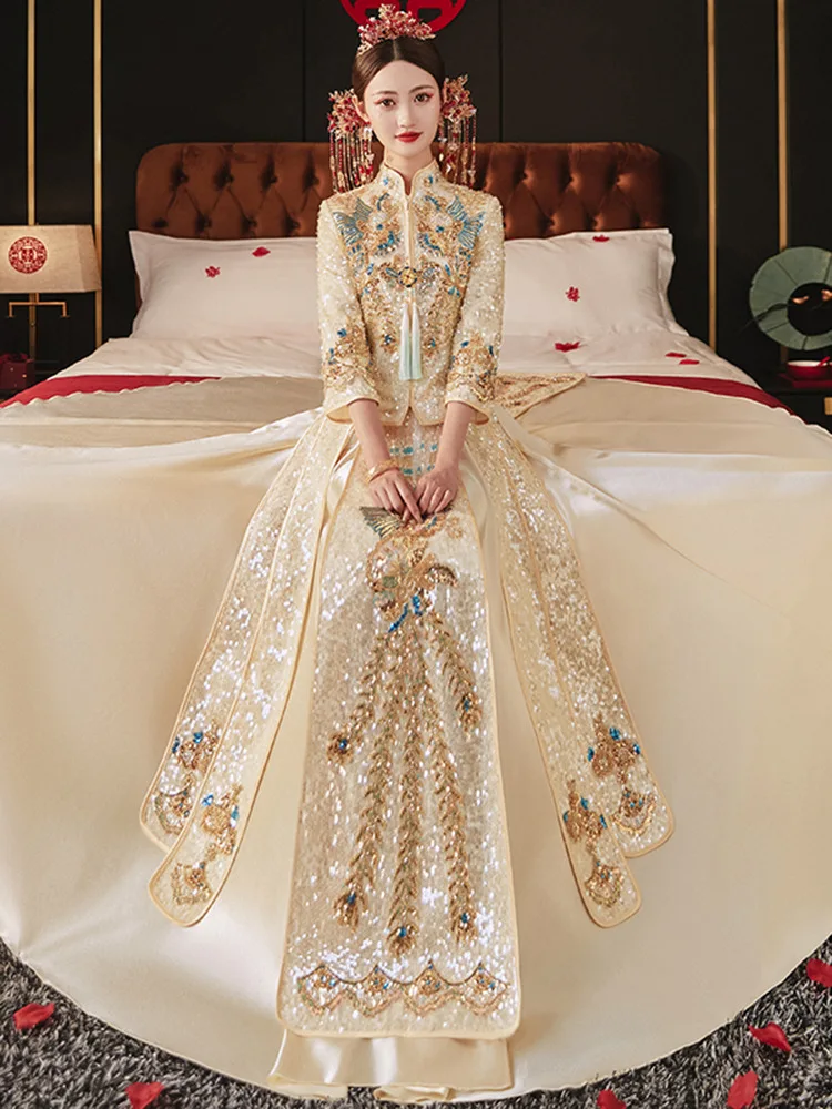 Yourqipao Gold Embroidery Chinese Traditional Dress Wedding Sets Cheongsam Bridal Dragon Phoenix Vintage Women китайская одежда