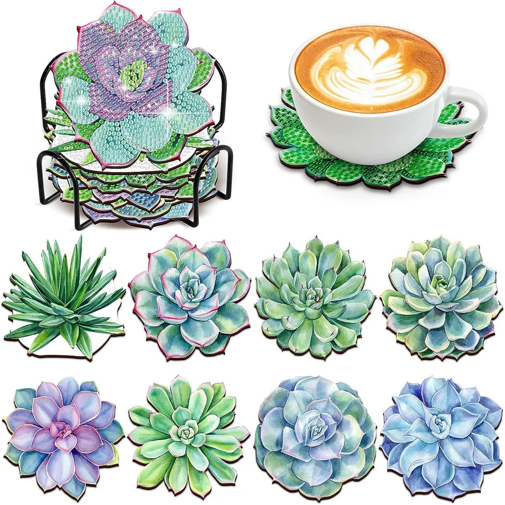 

8PCS DIY Diamond Painting Coasters Kit Cup Coasters Diamond Art Coasters Wooden Coaster for Adults Kids Embroidery Kit Decor