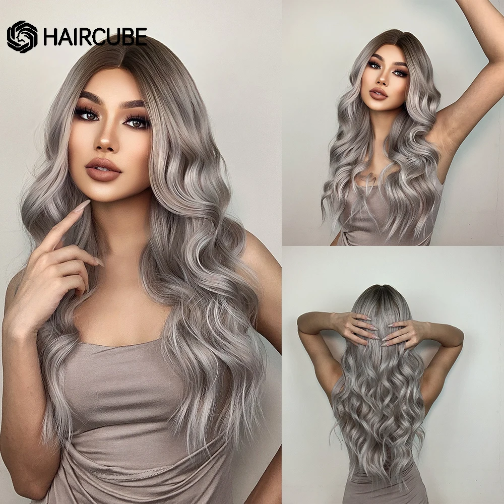 

HAIRCUBE Long Wavy Ombre Brown Gray White Synthetic Wigs for Black Women Middle Part Natural Hair Daily Use Cosplay Fiber Wigs