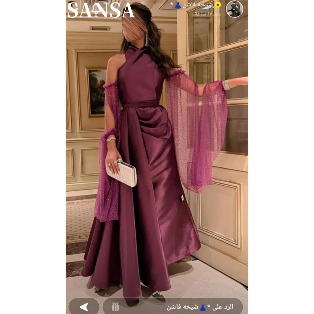 

Sansa Luxury Burgundy Satin فساتين السهرة Sexy Halter Neck A-line Prom Dress Elegant Trumpet Sleeve Vestidos De Noche