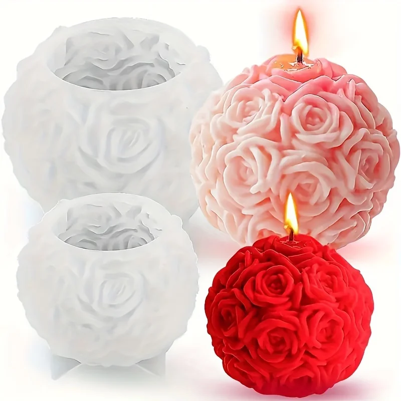 2pcs Scented 3D Rose Ball Candle Soap Making Mold - Flexible Silicone Round Ball Pendulum Table DIY Creative