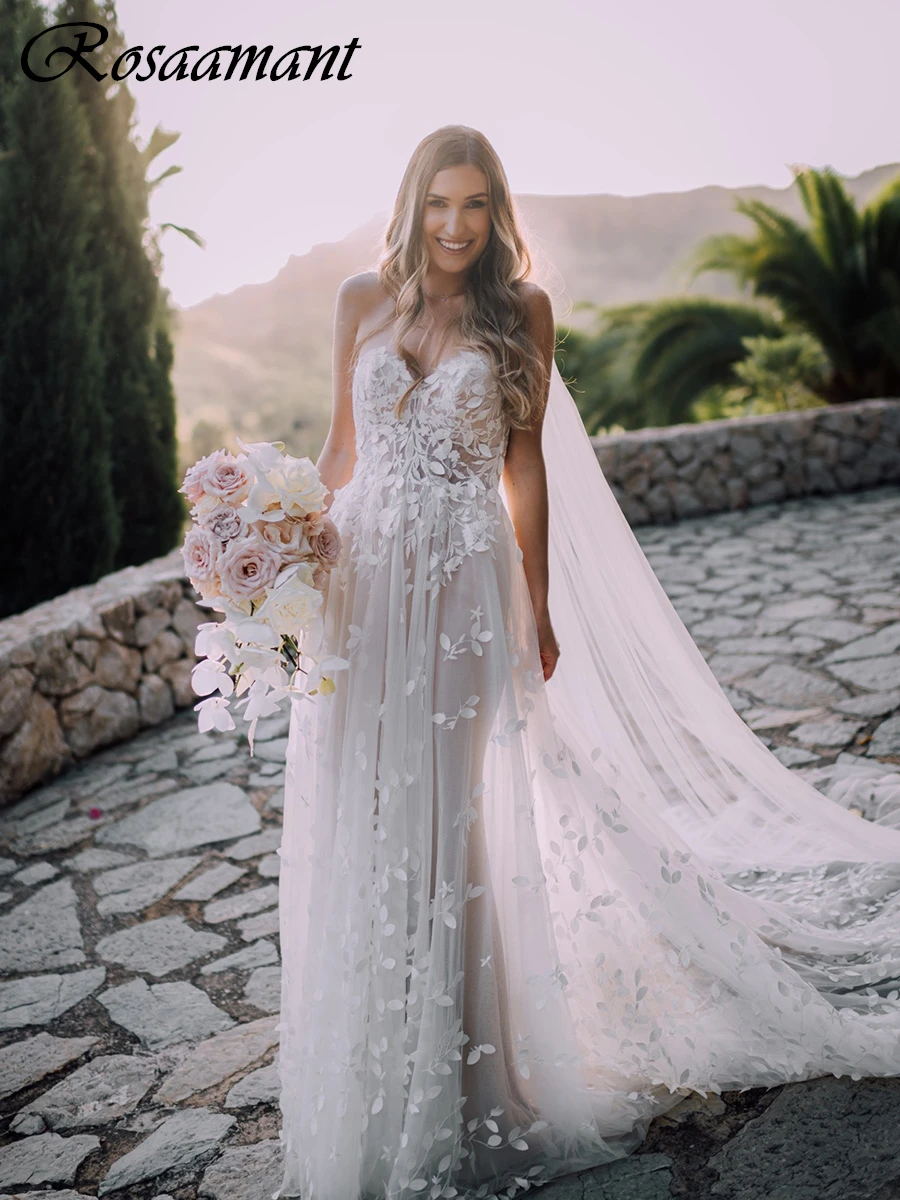 

Village 3D Floral Lace A-Line Wedding Dresses Sweetheart Sleeveless Illusion Bridal Gowns Robe De Mariée