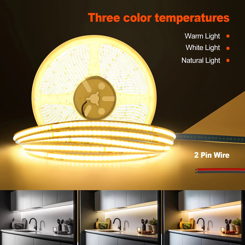 5m 10m 20m 50m COB LED Strip Light 220V Flex Tape Lamp with IC Chip High Bright 240 LEDs Linear Lighting RA90 Warm Natural White 6