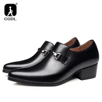 Basic Genuine Leather Formal Dress Men's Loafers Pointed Toe Metal Tipped Handmade 5cm High Heels Man Wedding Party Shoes