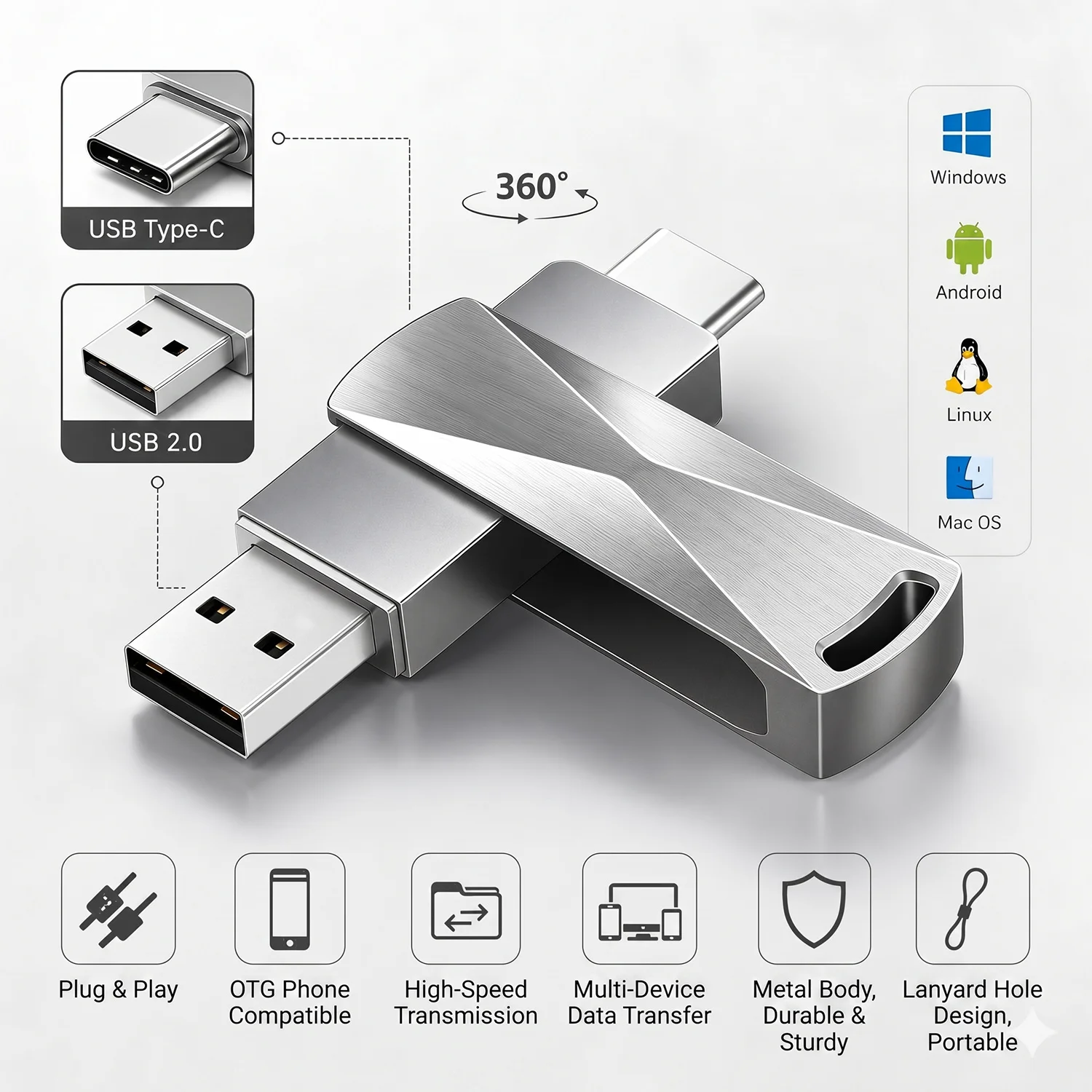 فلاش درايف USB نوع C معدني فائق السرعة بسعات 8 و16 و32 و64 و128 جيجابايت، USB 2.0 الجيل الأول، OTG للهواتف