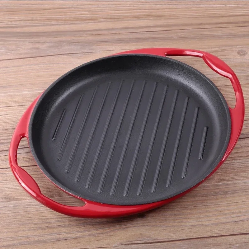 

Cast Iron Enamel Grill Pan Steak Baking Serving Platter Round Flat Double-handled Skillet for Barbecue