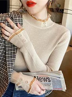2025 Knitted Women Sweater O-neck Button Pullovers Spring Autumn Basic Sweaters for Female Pullover Slim Solid Bold Lace Tops - Image 4