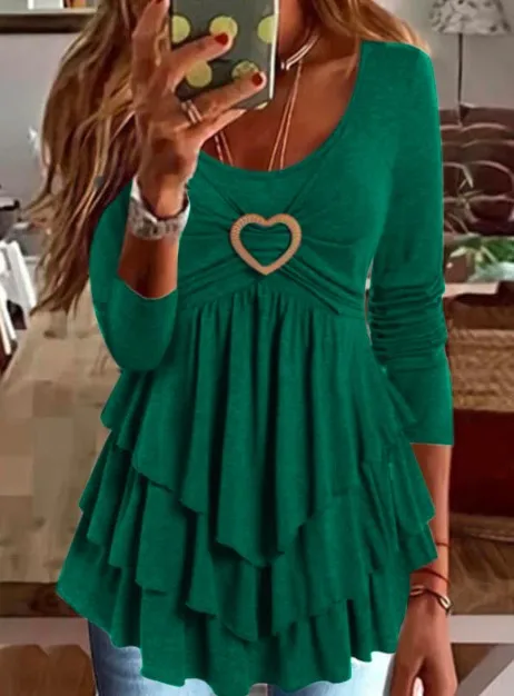 

Women Peplum Tops Front Heart Pattern Layered Smocked Ruffle Hem Long Sleeve T Shirt Spring 2023 Green Pink Blue Clothes