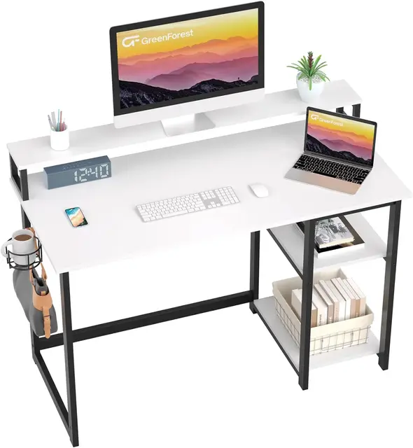Computer Desk with Full Monitor Stand,100 cm Home Office Desk with Reversible Storage Shelves,Small Study Desk with