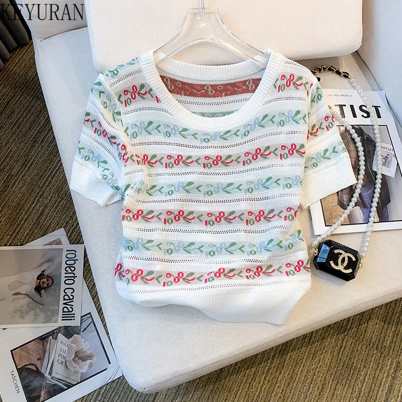 

2023 Summer Vintage Jacquard Short Sleeve Sweater Women Slim Ice Silk Knit T-shirt O-Neck Hollow Out Pullover Knitwear Tops Tees