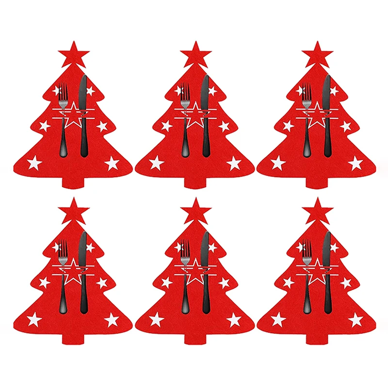 12Pcs Christmas Tree Shaped Felt Cutlery Mats With Stars Decor Durable For Home Christmas Festive Party Table Decor Accessories