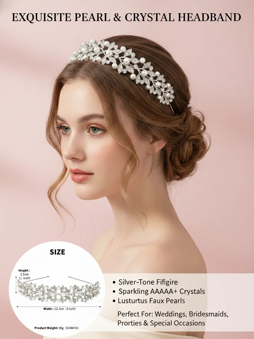 Silberne Strass-Haarkrone mit elfenbeinfarbenen Perlen, Vintage-Kristall-Braut-Hochzeits-Tiara, Braut-Kopfschmuck, Kronen, Mutter-Tochter-Stirnband – Detail 1