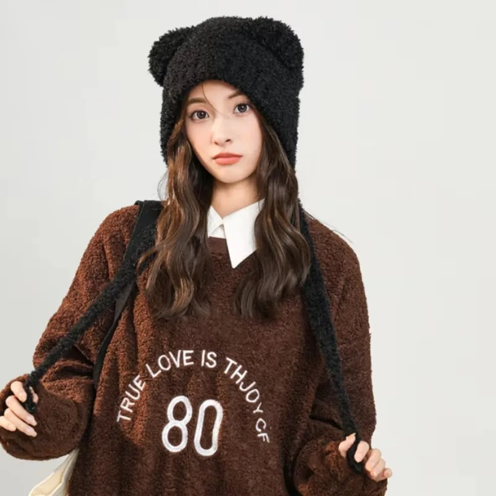 Women Lace up Warm Thick Hip Hop Skullcap Lambhair Winter Harajuku y2k Beanies Knitted Hat Short Hat Unisex Basic Cap bomber